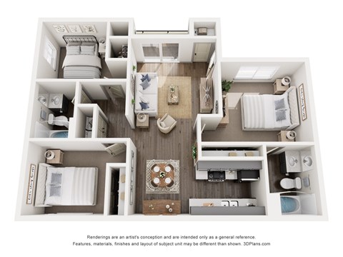 Floor plan for 3 beds, 2 baths, 1072 sqft